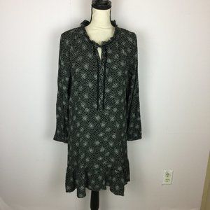 Loft A-Line Dress Sz 16 Womans Black White Floral Long Sleeve Ruffle Rayon Lined